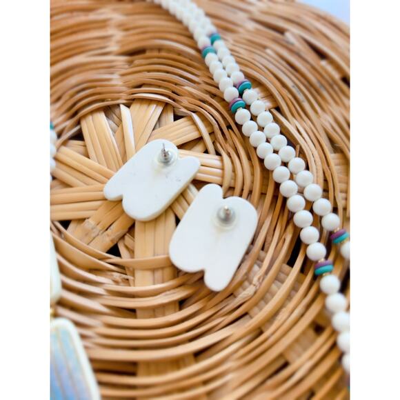 Vintage 80s Necklace/Earring Set Ceramic White Turquoise Happy Fun Accessories - Picture 4 of 9